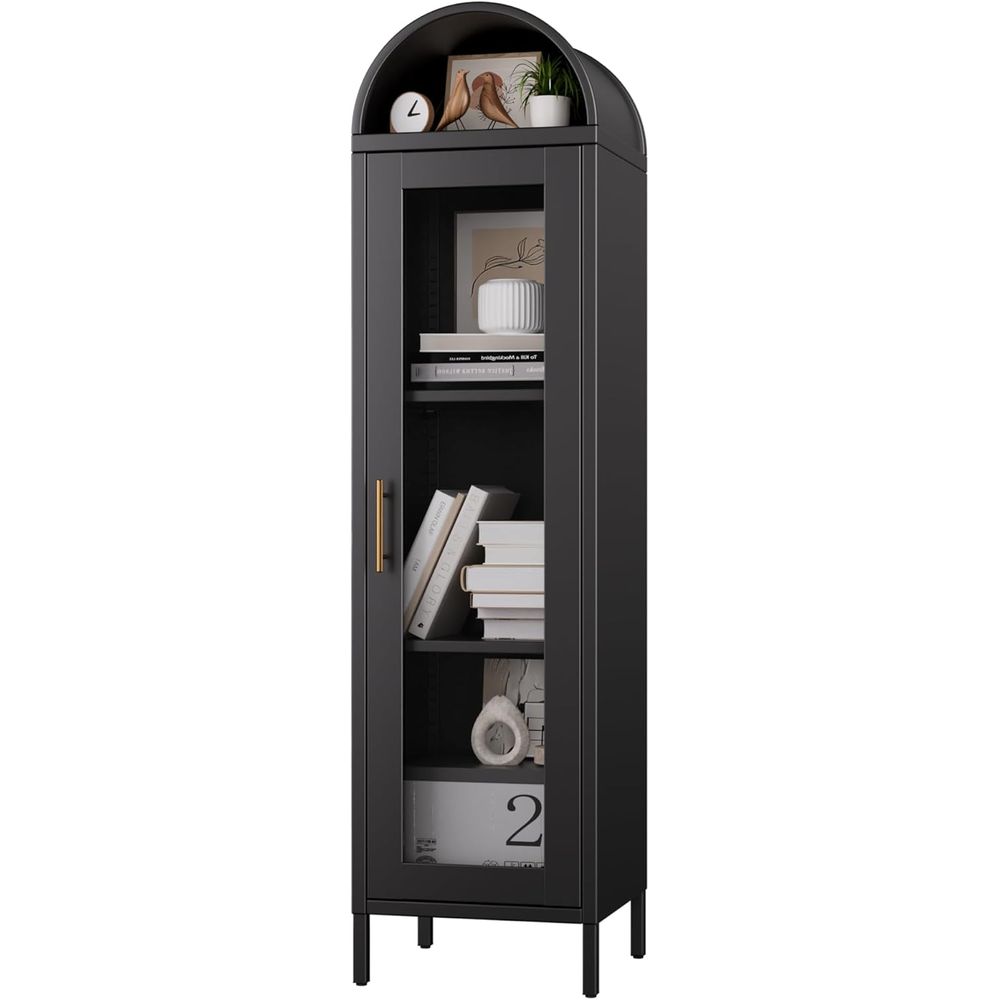 Home Bar And Cabinet - Black Metal Arched Glass Door Display